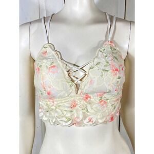 Victoria's Secret PINK Floral Lace Bralette Cream Pink Strappy Back Stretch L